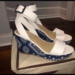 Blue & white wedge sandals